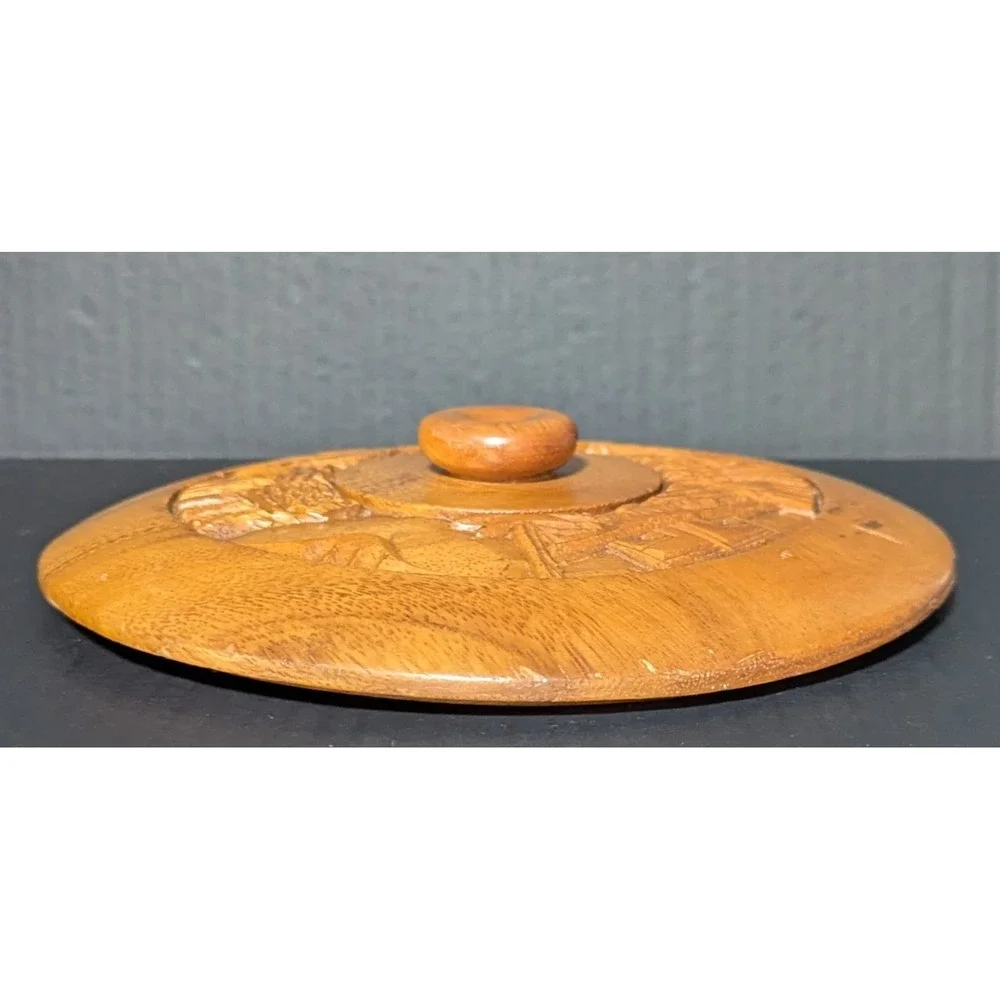 Vintage Hand Carved Teak‎ Wood Bucket With Handle Rural Farming Scene